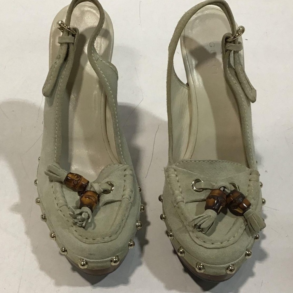 Women's Gucci Beige Suede HorseBit Tassel Slingback Heels Shoes Size 6.5B